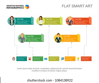 Five workers process chart template for presentation. Vector illustration. Abstract elements of diagram, graph. Workflow, HR, planning, business or teamwork concept for infographic, report.