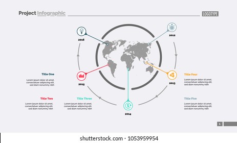 Five world map items process chart slide template. Business data. Timeline, point, design. For infographic, presentation, report. For topics like banking, strategy, logistics.