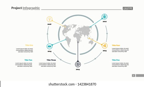 Five world map items process chart slide template. Business data. Timeline, point, design. For infographic, presentation, report. For topics like banking, strategy, logistics.
