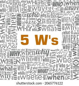 Five W's - Who, Where, Why, What, When vector illustration word cloud isolated on white background.