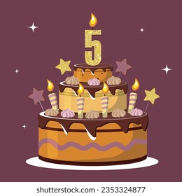 Five year anniversary. Vector birthday cake. Holiday cake with candle.Big cherry cake on violet background. Five year old baby.