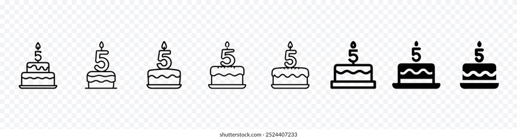  Five Year Celebration Events cake icon, Cake icon vector set. Outline pie with candles symbol, birthday cake icon set, Simple birthday cake icon, Birthday cakes icons set