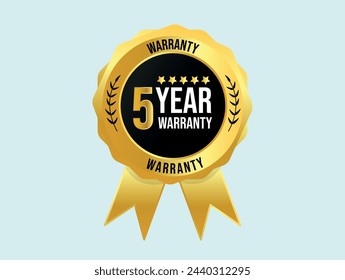 Five year Warranty. 5 year warranty stamp, badge, label in golden and black colour with light cyan background. Warranty card, stamp, label design. Warranty Sticker, logo or label in vector