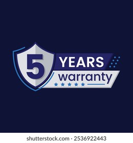 Five year warranty shield label icon badge design. Silver with Blue color. Vector Design - 5 year warranty badge