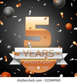 Five years anniversary celebration background with silver ribbon confetti and circles. Anniversary ribbon. Vector illustration.