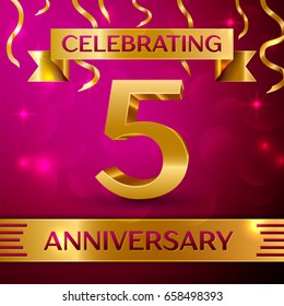 Five Years Anniversary Celebration Design. Confetti and golden ribbon on pink background. Colorful Vector template elements for your birthday party. Anniversary ribbon