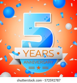 Five years anniversary celebration on orange background. Anniversary ribbon