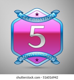 Five years anniversary celebration silver logo with blue ribbon and purple hexagonal ornament on grey background.