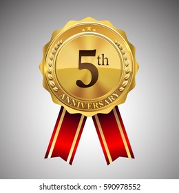 five years anniversary logotype, with golden badge and red ribbon, vector elements for 5th years birthday celebration