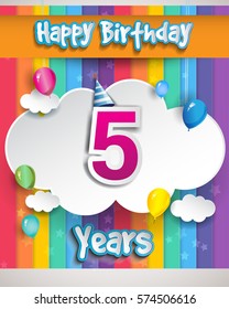 five Years Birthday Celebration, with balloons and clouds, Colorful Vector design for invitation card and birthday party.