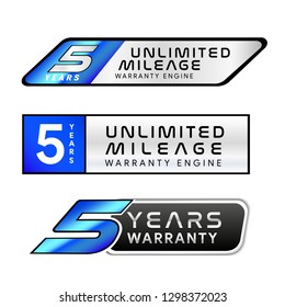 Five Years Unlimited Mileage Warranty Golden And Silver Badge Isolated On White Background - Vector 