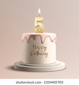 Five Years. Vector Birthday Anniversary Sweet Cake. Greeting Card, Banner with 3d Realistic Burning Golden Birthday Party Candle, Number, Flame. Icon Design Template for Birthday Concept. Front View