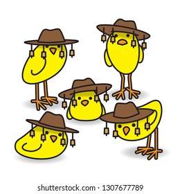 Five Yellow Aussie Chicks Staring towards camera wearing traditional Australian Bush Hats