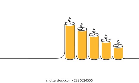 Five yellow burning candles drawn in a continuous line art style on a clean white background, symbolizing light and hope