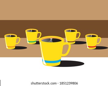 Fünf gelbe Kaffeetassen in der Perspektive, jeder mit einem anderen farbigen Streifen auf zweifarbigem braunem Hintergrund. Design in Vektorgrafik.