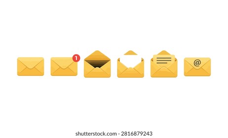 Five yellow envelope icons with notification open message and at symbols