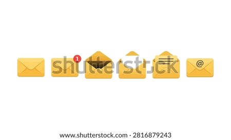 Five yellow envelope icons with notification open message and at symbols