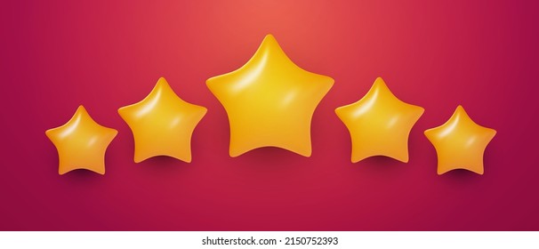 Five yellow glossy star isolated on red background. Realistic sweet 3d design element for quality rating. Cartoon colorful clay, plastic or soft toy. Beautiful vector illustration.