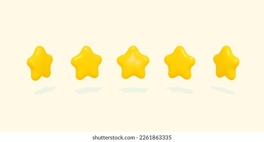 Five yellow glossy stars, 3d cartoon vector illustration