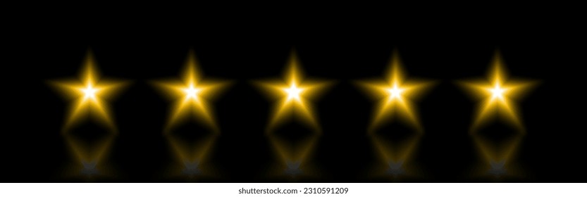 Five yellow glow Stars vector on black background. Star vector. Stars shine light effect.