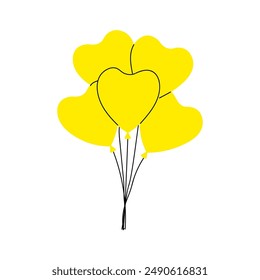 Five yellow heart-shaped balloons are tied together with black strings.