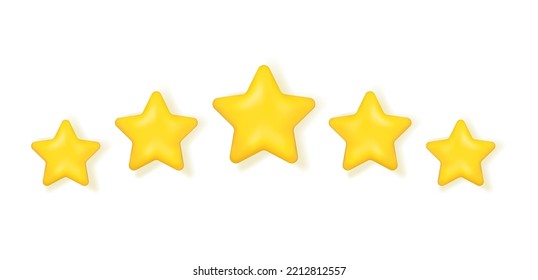 Cinco estrellas amarillas de plástico mate. Logros para juegos. Diseño 3D realista. El cliente revisa el concepto de calificación. Para aplicaciones móviles. Ilustración vectorial.