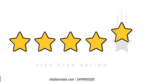 Five yellow rating star vector illustration in white background. 5 star rating customer product review flat icons for apps and websites.