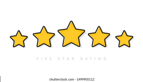 Five Yellow Rating Star Vector Illustration In White Background. 5 Star Rating Customer Product Review Flat Icons For Apps And Websites.