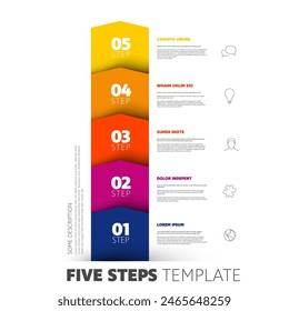 Five yellow red blue steps progress procedure infochart template with descriptions icons titles and big numbers. Simple vertical inographic describing some process with five steps