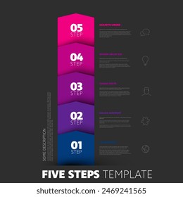 Five yellow red blue steps progress procedure infochart template with descriptions icons titles and big numbers on black background. Simple vertical inographic describing some process with five steps