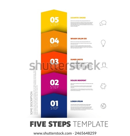 Five yellow red blue steps progress procedure infochart template with descriptions icons titles and big numbers. Simple vertical inographic describing some process with five steps