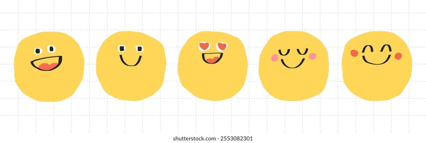 Five yellow smiley faces with various expressions: happy, smiling, heart eyes, content, and cheerful. Cute, simple, and expressive smiley faces. Hand drawn cute emoticon illustration set. Vectors.