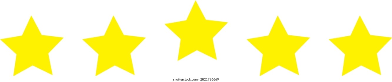 Five yellow star rating arranged in a horizontal row, isolated on a white background for customer feedback and review evaluation systems.