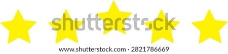 Five yellow star rating arranged in a horizontal row, isolated on a white background for customer feedback and review evaluation systems.