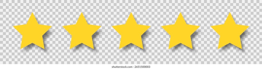 Five yellow star rating icons with shadow on transparent background