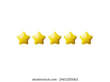 Five yellow star rating, positive feedback 3d realistic style. Customer review with five golden stars. Service satisfaction, good customer review, best quality, top rate vector render illustration