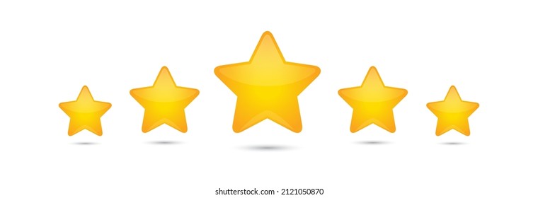 Five yellow stars 3d colors. Customer rating feedback concept from client about employee of website. Achievements for games. Realistic 3d star design for mobile applications. Vector illustration