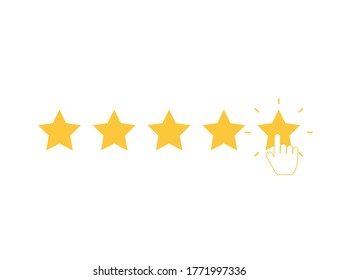 Five yellow stars with clicking hand. Quality rank set. Best choice illustration. Hand touching last star. Rating sign. Feedback and review set with simple stars shape. Vector EPS 10