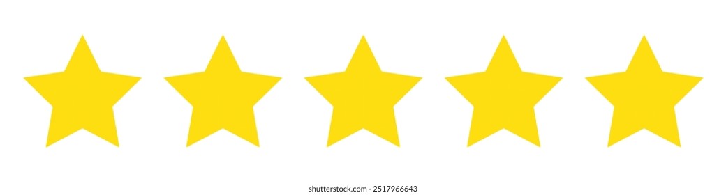 Five yellow stars icon Vector illustration. Five stars rating. Five stars customer product rating review.  Customer feedback. Vector 5 stars rating review. Isolated on a white background