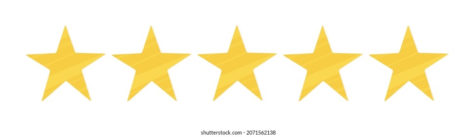 Five yellow stars in one row. Isolated on white. Website and application design. Rating and reviews about delivery, hotels, services. Vector illustration. Flat.