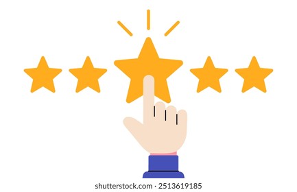 Five Yellow Stars Rating with Hand Pressing Central Star in Flat Style Vector Illustration