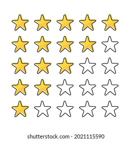 Five yellow stars rating icon set isolated on white background. Vector illustration