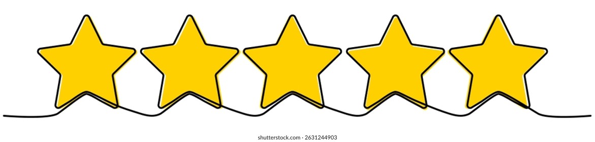 Dibujo de líneas continuas de cinco Formas de estrellas amarillas. Símbolo de premio. Ilustración vectorial aislada en blanco.	