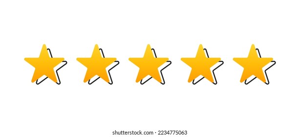 Five yellow stars with stroke vector isolated element. The highest quality. Consumer rating. Customer reviews isolated on a white background. Vector illustration