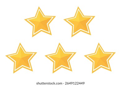 Five yellow stars with white outlines, perfect for rating systems.