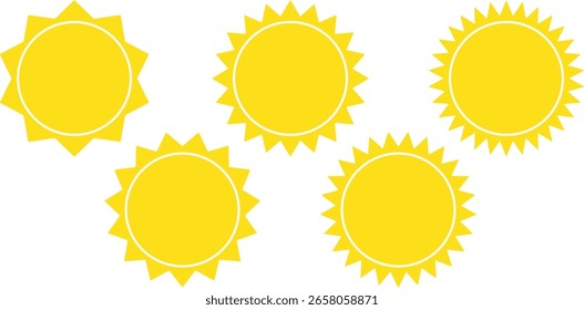 cinco ícones amarelos do sol, cada um com um centro circular e estilos variados de raios triangulares.
