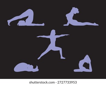 Cinco silhuetas de ioga exibem força, equilíbrio e flexibilidade em poses distintas contra um fundo preto, evocando calma e foco.
