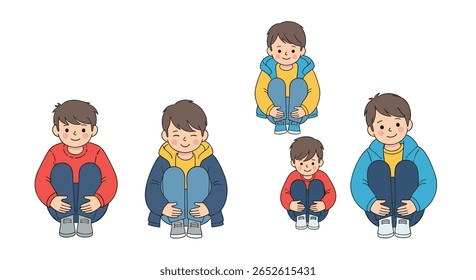 Five Young Boys Sit in a Comfortable Squatting Pose on a White Background