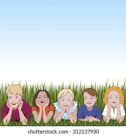 Five young children leaning on they elbows on grass and space for text above