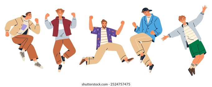 Five young men jumping energetically, each dressed in casual modern outfits, showcasing various emotions like joy and excitement. Ideal for themes of celebration, youth, friendship, fashion, and